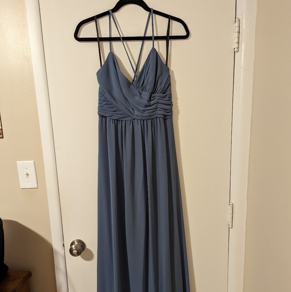 Floor length dusty blue bridesmaid dress, size 4.